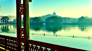 West Lake in Hangzhou, with a pagoda on the distant hillside